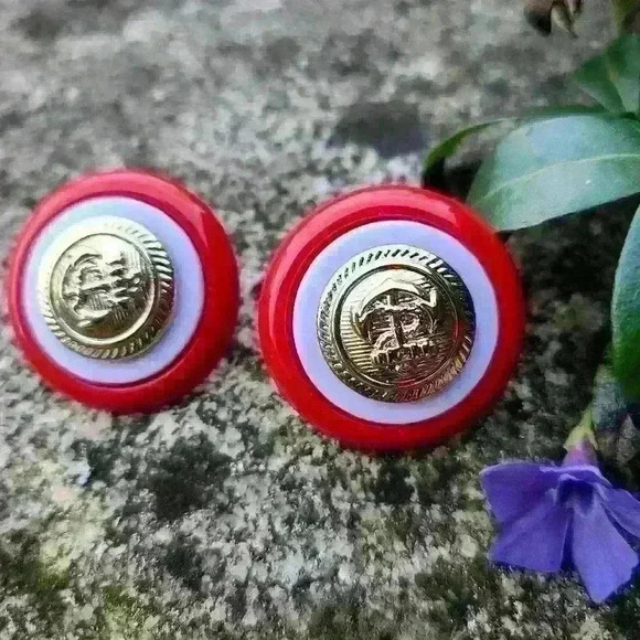 Vintage boat anchor  earrings red white gold colors - Picture 5 of 13